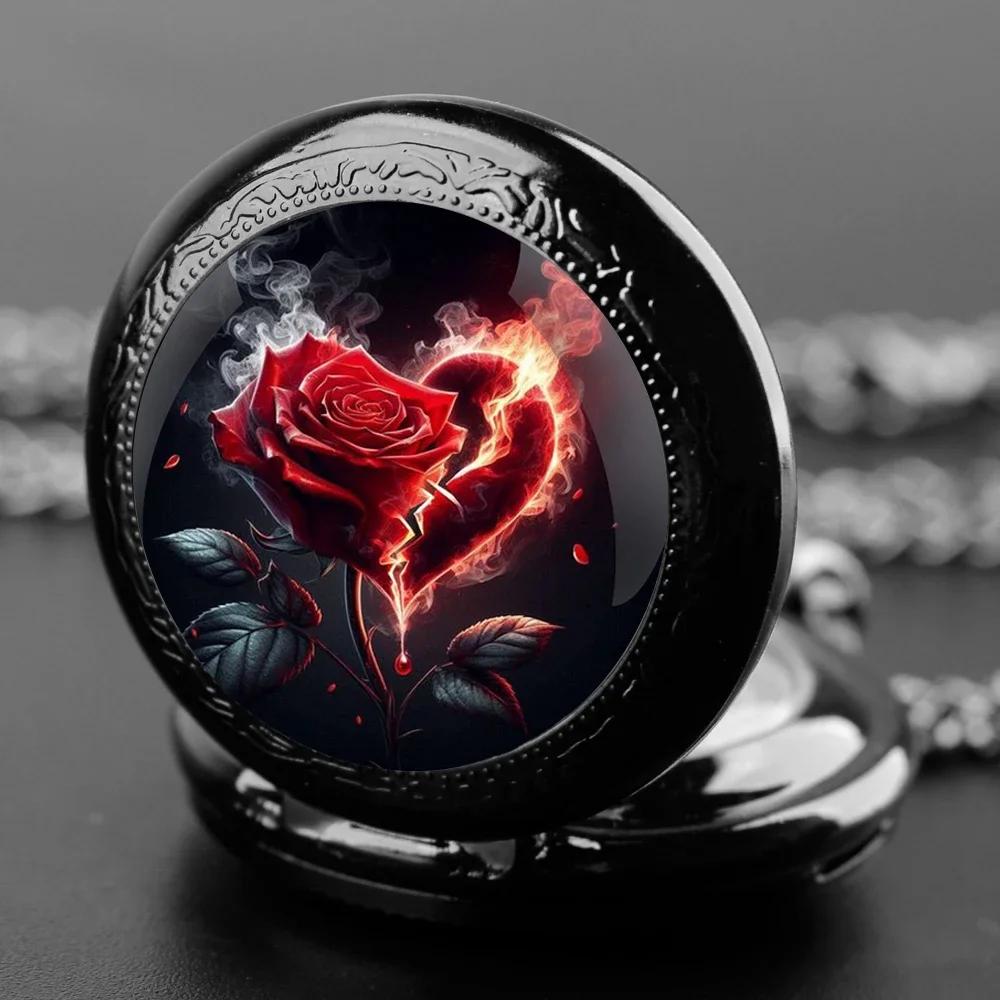 Stainless Steel Quartz Pocket Watch with Rose Heart Graphic Fashion Necklace Pendant Chain Personalised Jewelry for Men Women