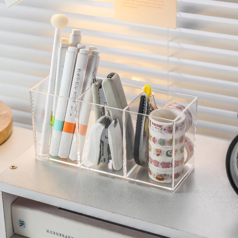 Large-Capacity Transparent Acrylic Pen Holder with Compartments for Office Stationery