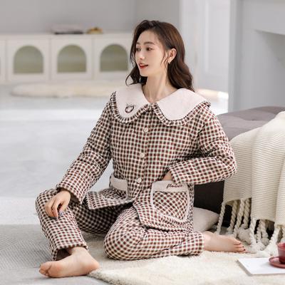 Pyjama Damen Herbst und Winter Dreilagig Verdickt Samt Gewebte Baumwolljacke Winter Süße Loungewear