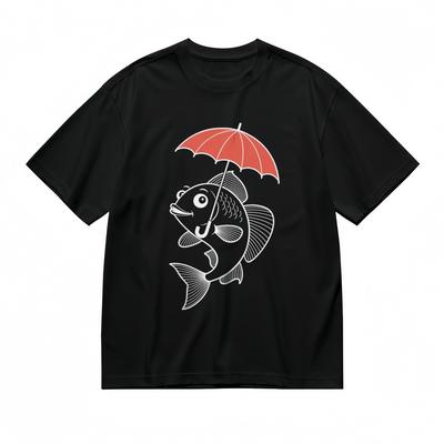 Moda Masculina Confortável Clássica Camiseta Estampada Peixe Guarda-chuva 100% Algodão