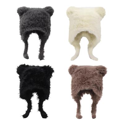 Winter Warme Plüschmütze für Damen Lustige Bärenohrenmütze Kapuzenmütze Totenkopfmütze Outdoor-Aktivitäten Kappe Winddichte Kopfbedeckung Pullovermütze