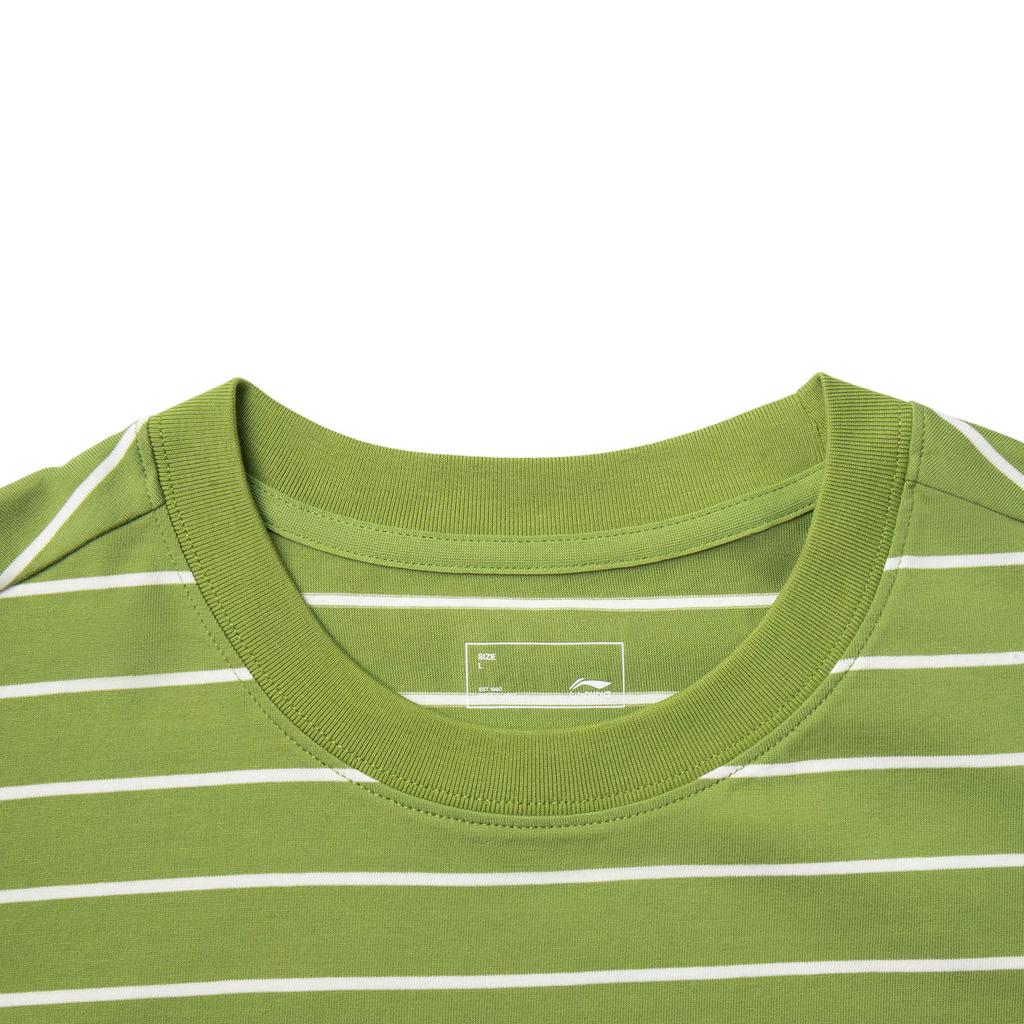 Li Ning Sports Lifestyle Series Striped Letter Round Neck Breathable Versatile Short Sleeve T-Shirt Men Tops Grasshopper-Green AHSV281-9