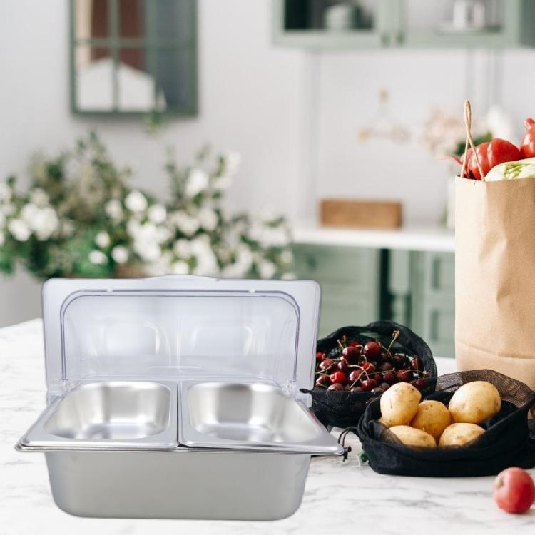 Edelstahl 2-Kammer-Speisewanne Klare Rollhaube Buffet-Serviertablett mit Trennwänden Gewürzspender