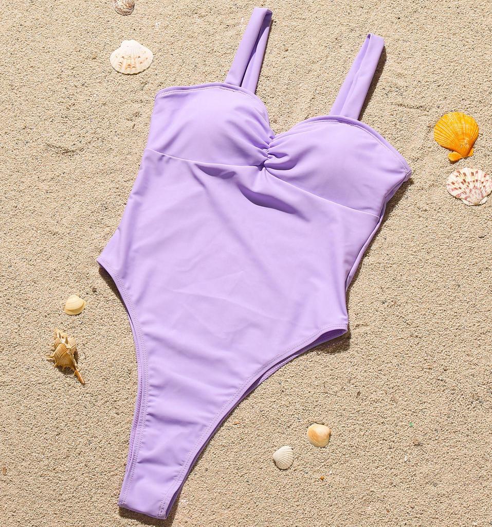 Shencai European-American Ruched Solid Color One-Piece Sexy Bikini Swimsuit for Women
