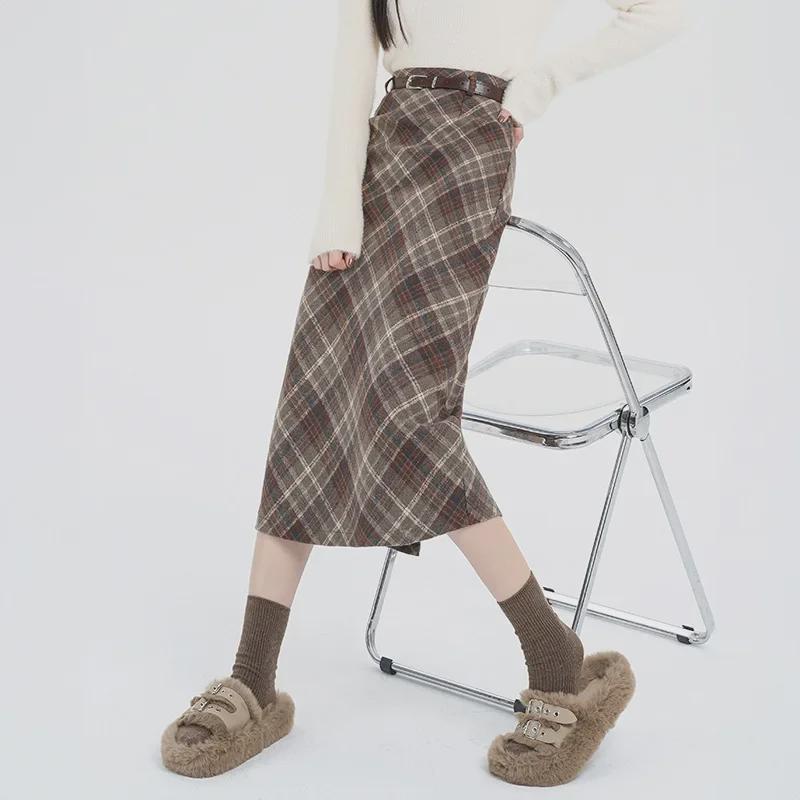 2024 Women's High Waist Woolen Plaid Midi Skirt – Autumn/Winter Korean Style, A-Line with Hip-Wrapped Slit