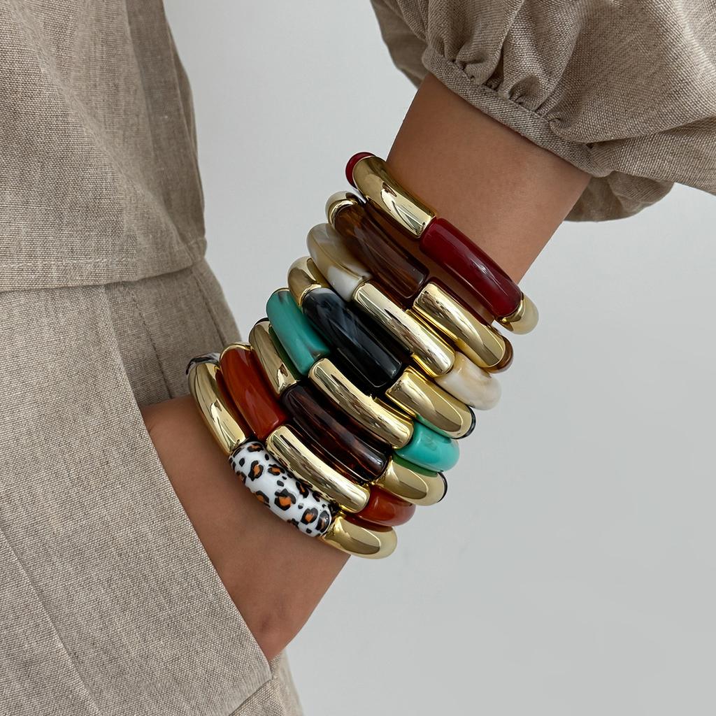 Retro Smudged Resin Bamboo Elastic Bracelet, Fashionable Metal Elbow Leopard Print Bracelet Bracelet.