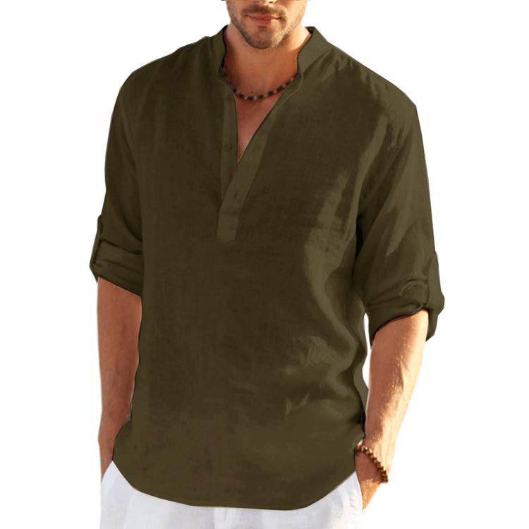 Large Size Men's Spring and Summer Buttoned Top Long Sleeve T-Shirt Solid Loose Fit Linen Shirt
