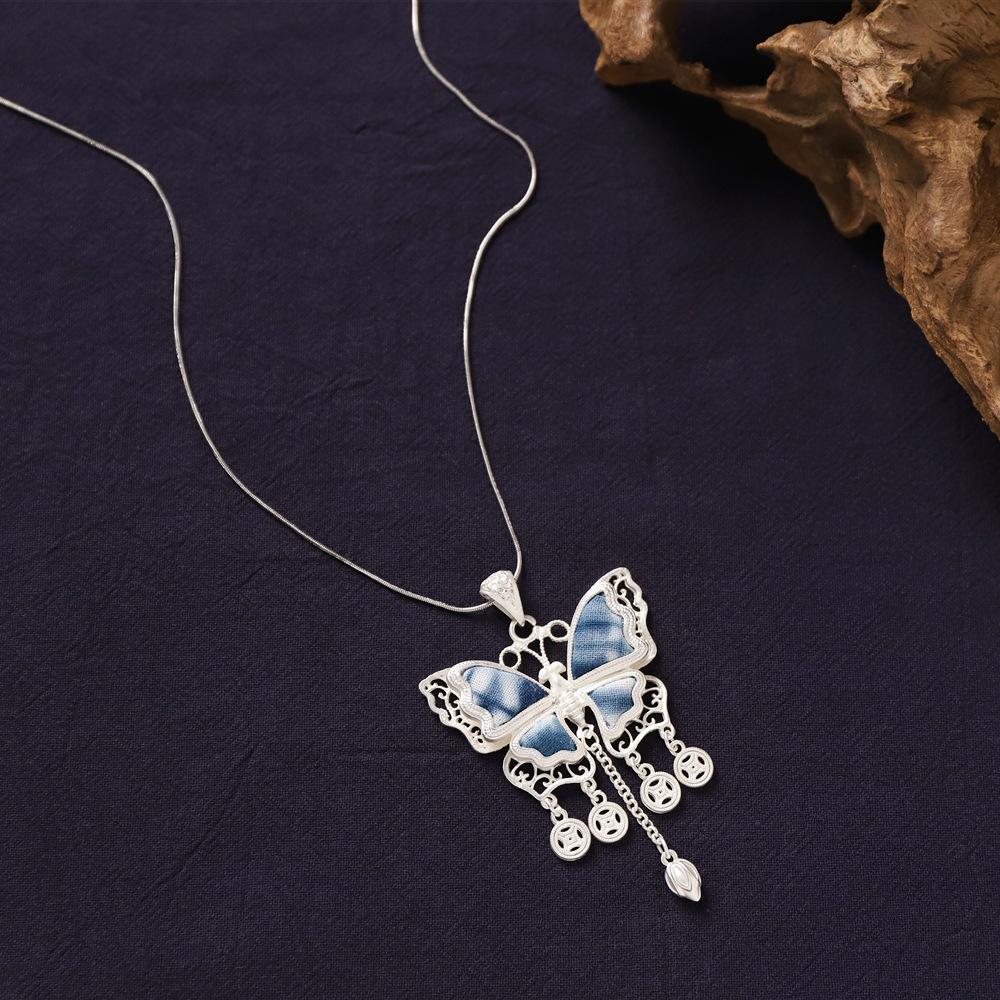 Ethnic style handmade necklace, vintage butterfly pendant, Chinese-style sweater chain
