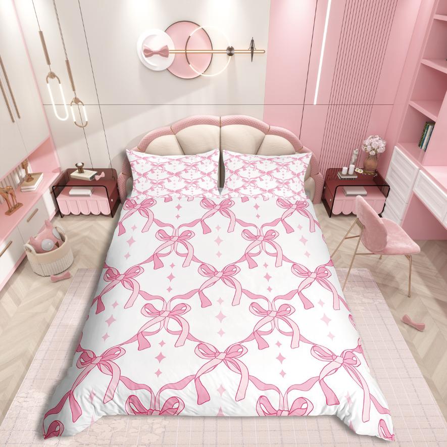 Homewish Cute Bowknot Duvet Cover SetLove Heart Print For Teens Bedding SetDreamy Princess Decor