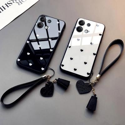 Liefdeshart Hardglazen telefoonhoesje voor Xiaomi Redmi Note 13 Pro 4G 5G 12 Pro Plus Turbo 3 Note 12s 11 Pro beschermhoes met kwastkoord