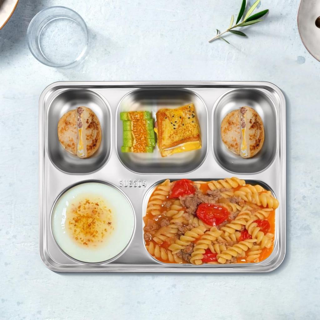 BESTOYARD Stainless Steel Lunch Plate, Divided Plate, Food Tray, Stylish Divided Plate, 5 Compartments (with Lid), Perfect for Camping and BBQ