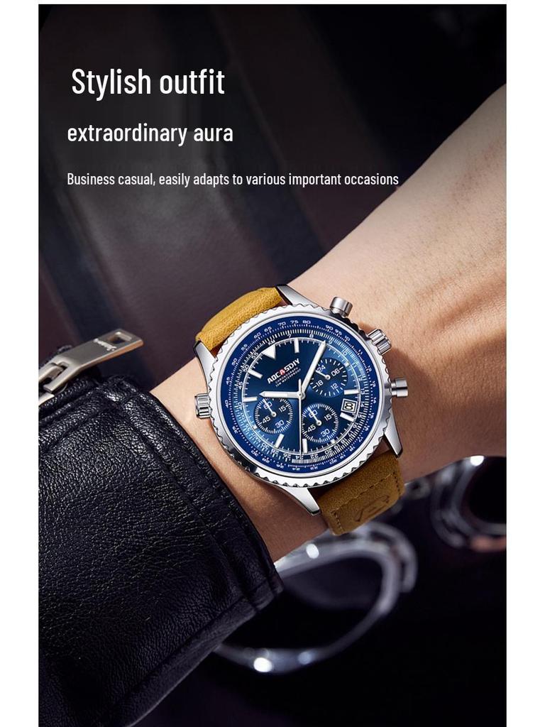 Men's Multifunctional Leather Strap Watch: Waterproof, Luminous, Calendar Feature