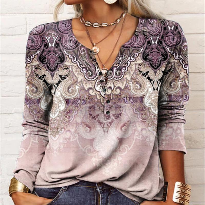 Herbstknöpfe Halboffener Kragen Ethno Bohemian Mittellang bis Lang T-Shirt Damen Langarm Übergröße Top
