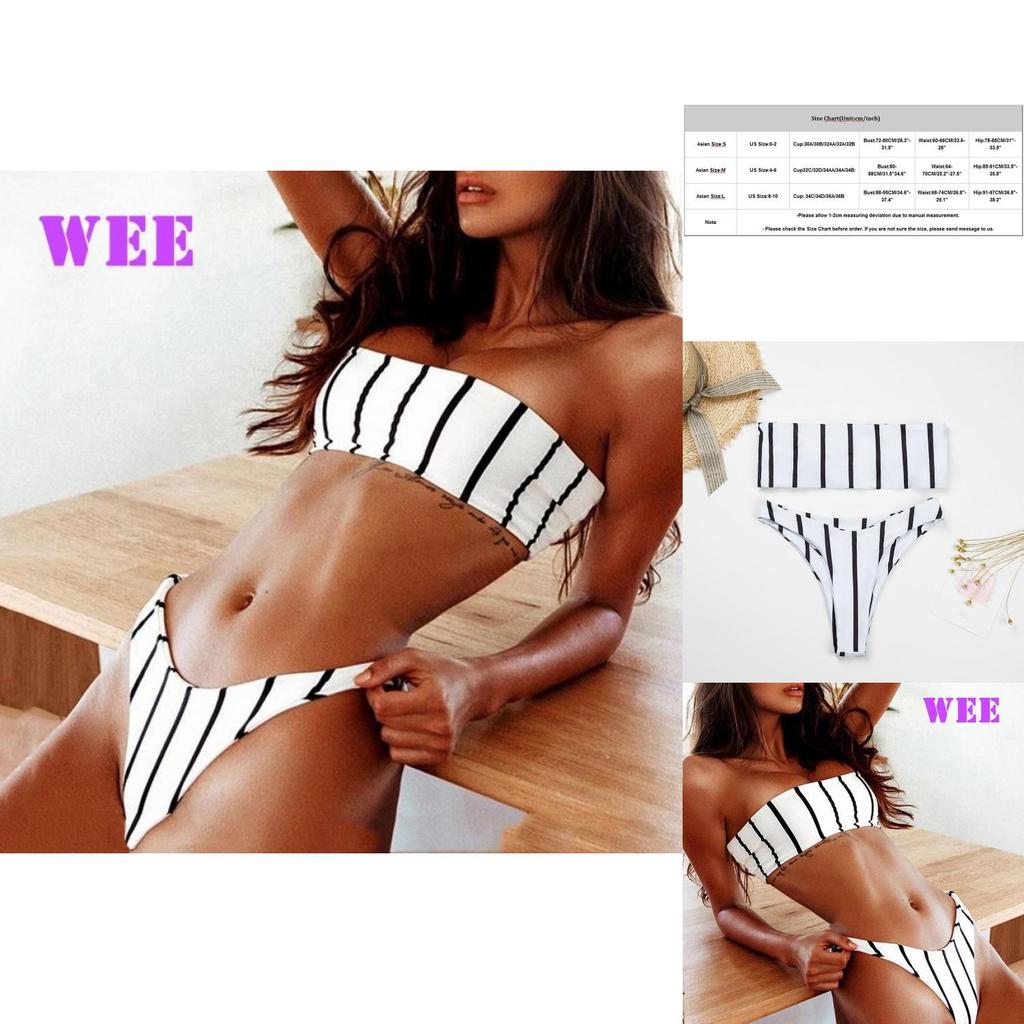Elegantes Schwarz-Weiß-Gestreiftes Damen-Bikini-Set Mit Push-up Polsterung Und Schleifen-Design