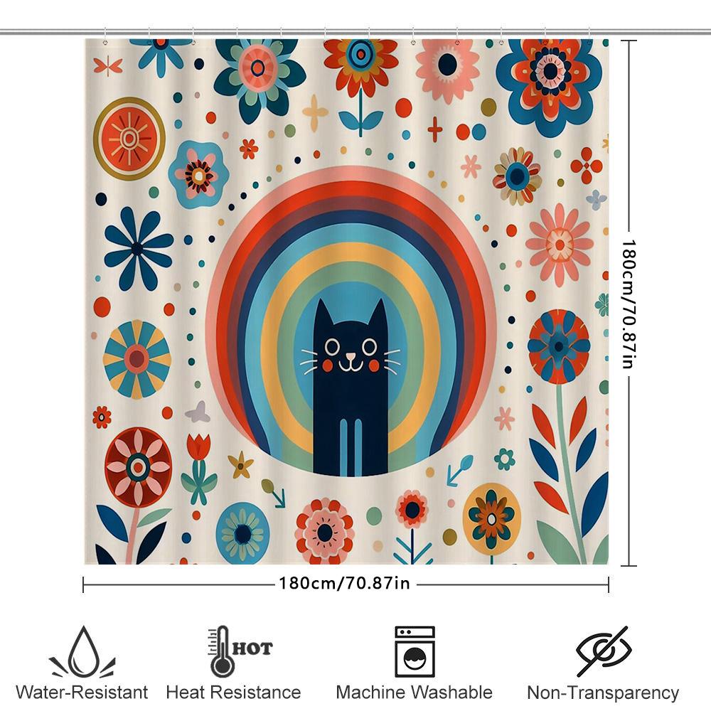 Cute Cat Floral Shower Curtain Botanical Animal Pattern Bathroom Decor Waterproof Fabric Vintage Retro Home Decor