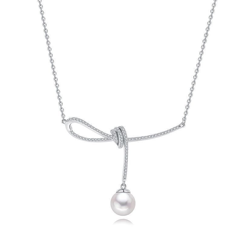 Elegant Aurora Ribbon Knot Necklace: 925 Sterling Silver with Freshwater Pearls 925 Sterling Silver