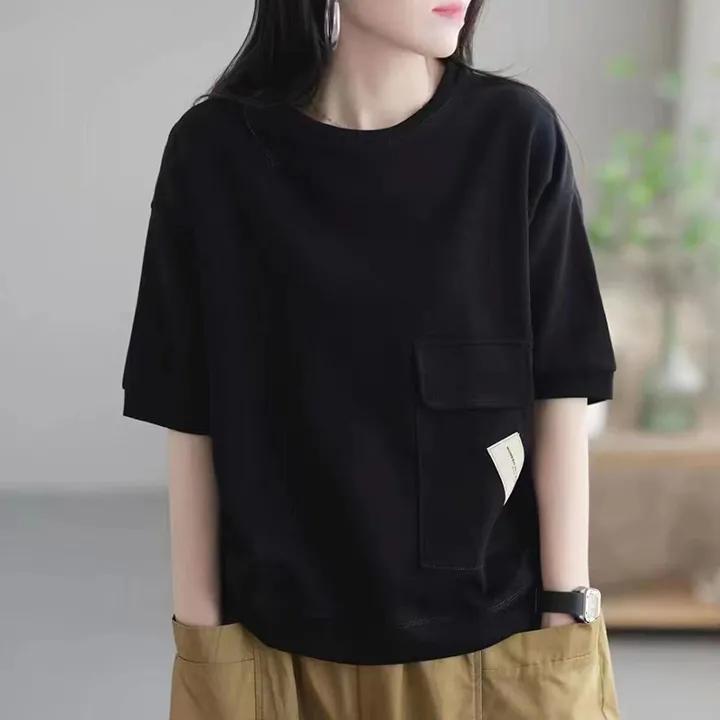 Women's Summer Round Neck Short Sleeve Solid Color Pocket T-Shirt Loose Age Reducing Skinny Belly Shading Tops