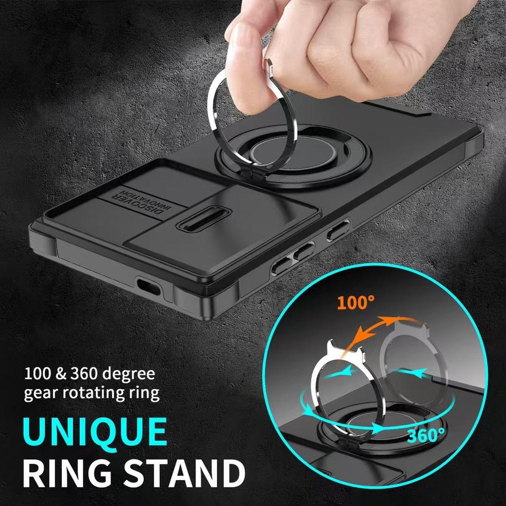 Custodia per telefono con anello di supporto Armor per Samsung S25ultra - Guscio rigido antiurto con finestra scorrevole per l'obiettivo, cover magnetica per auto per Samsung S25/S24/S23/S22/Ultra/Plus