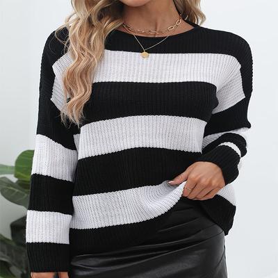 Plus Size Temperament Round Neck Long Sleeve Knit Sweater Women's Autumn and Winter Striped Loose Casual Sweater
