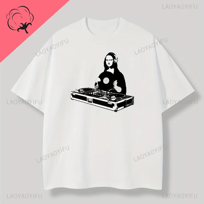 

Mona Lisa with Headset Comfortable Woman Cotton Graphic Tshirts Causal Sports Tees Short Sleeves Tops Mens Clothes for Summer S