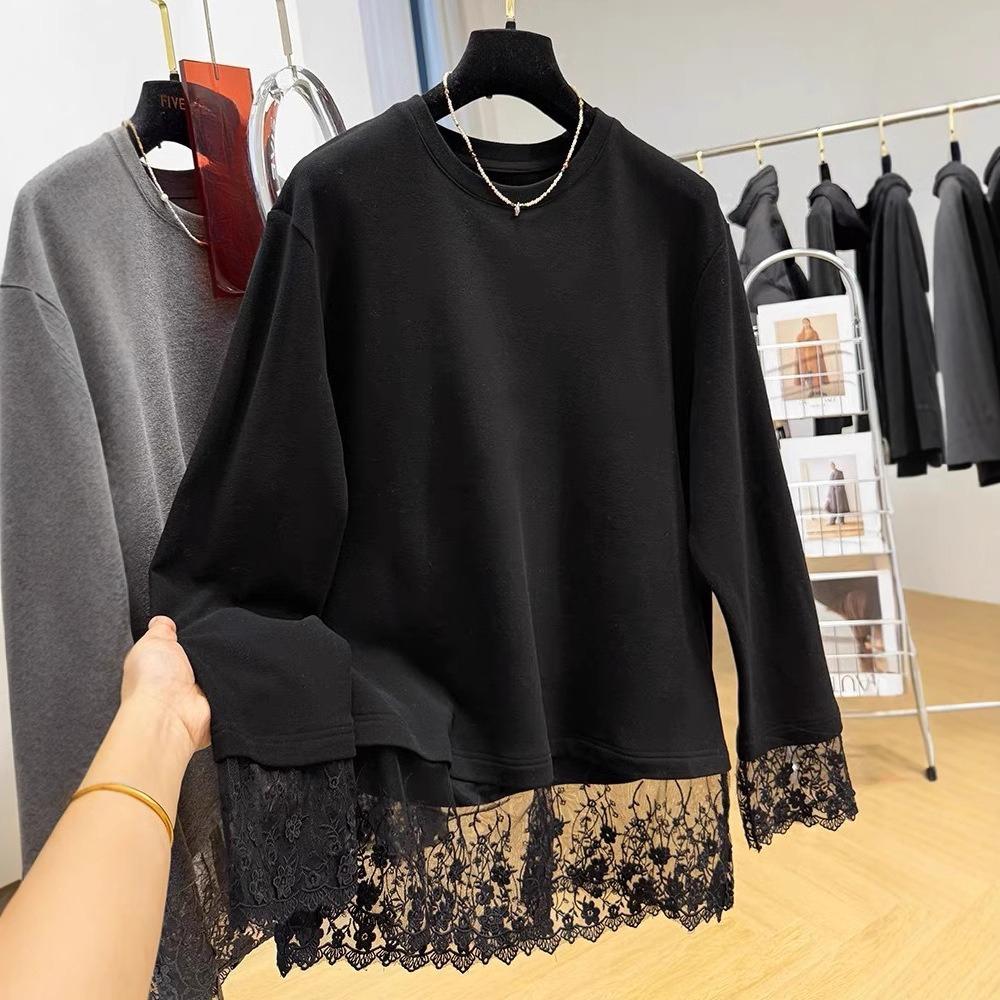 Lace Patchwork Brushed Velour Long Sleeve T-shirt Women's Autumn and Winter Innerwear Wearable Base Layer Stylish