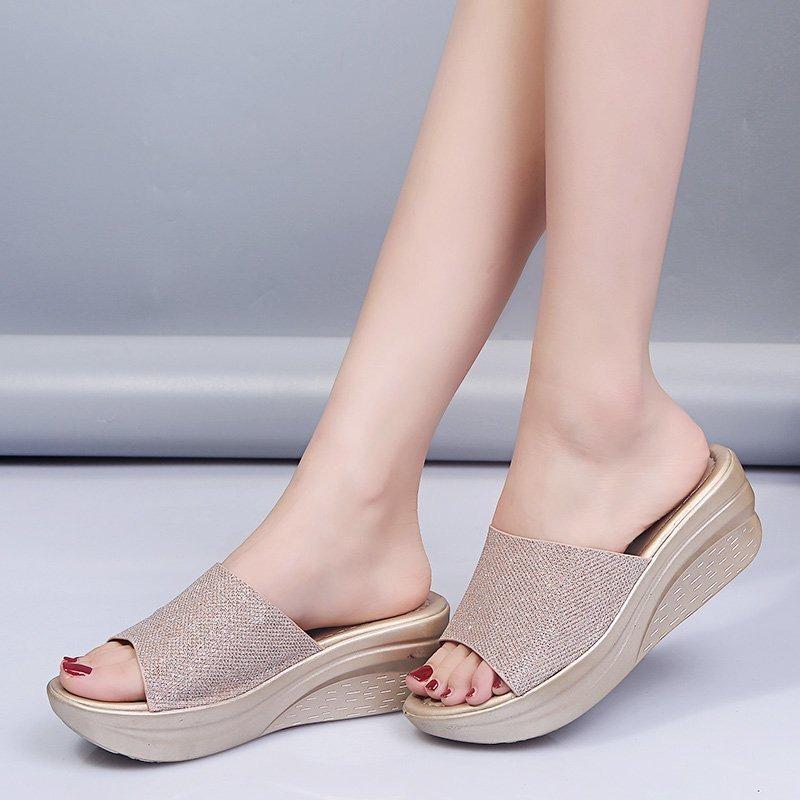 Spring and summer new muffin bottom slope heel solid color large size one-word fashion slippers