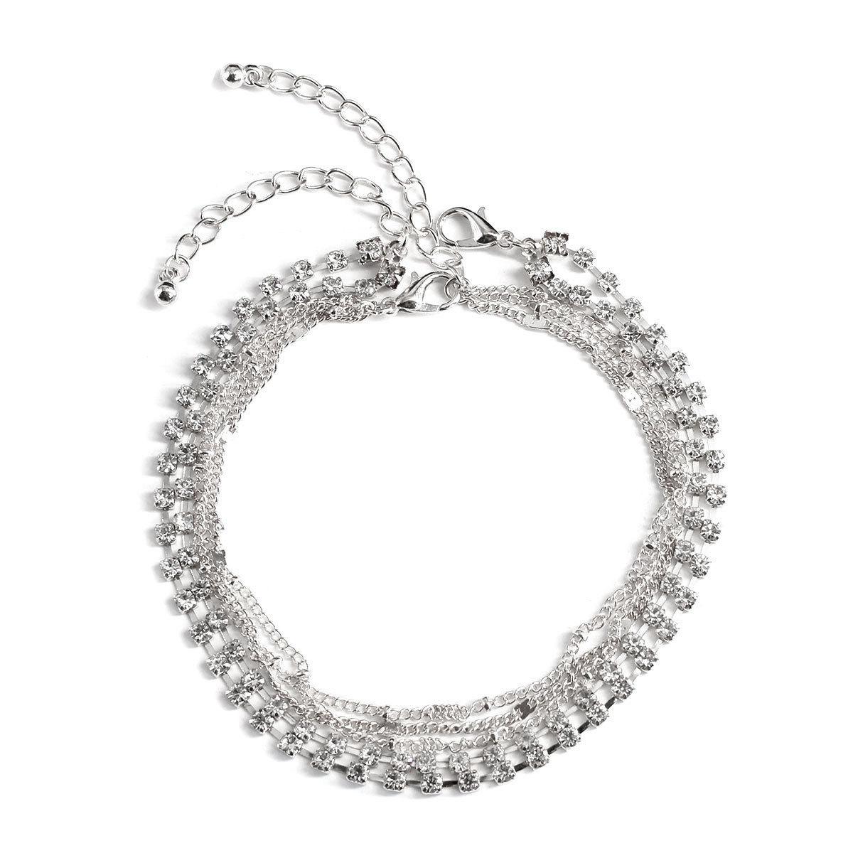 

Direct sales European and American beach foot jewelry simple level metal rhinestone beaded anklet two groups of women срібний