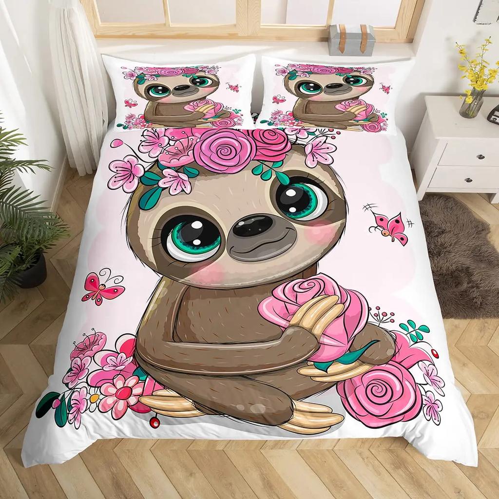 Floral Sloth Cartoon Cute Sloth Duvet Cover Flowers Sloth Animal Cover Kids Boys Girls Gifts Bedding Sets for Bedroom Decortion