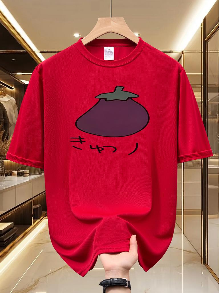 Unisex Kawaii Cartoon Eggplant Japanese Kana Print Tshirt Summer Quick Dry Breathable Short Sleeve Tee Harajuku Street Ve