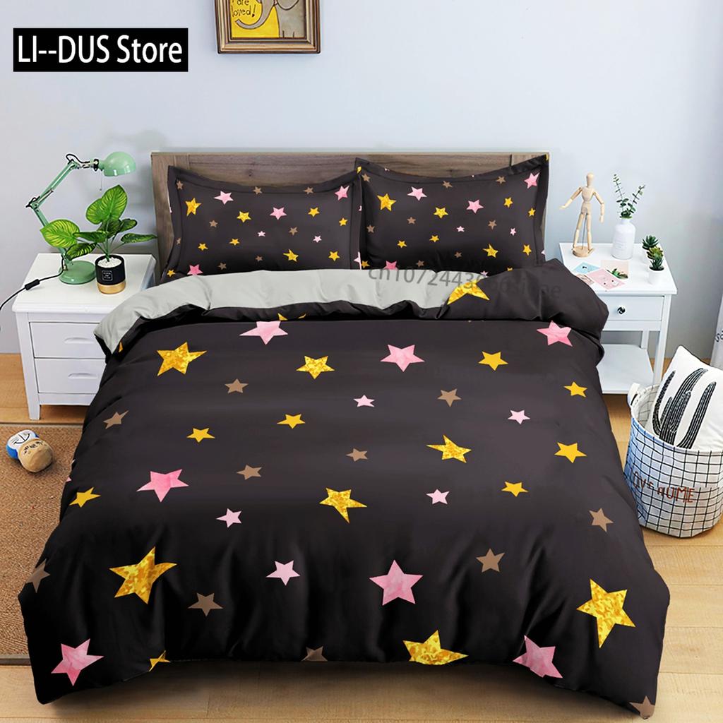 Juego de Funda Nórdica de Estrellas Coloridas Microfibra Estrellas Amarillas Rosas Juego de Cama Suave Tamaño Individual King Queen Twin 2/3 piezas Funda de Edredón
