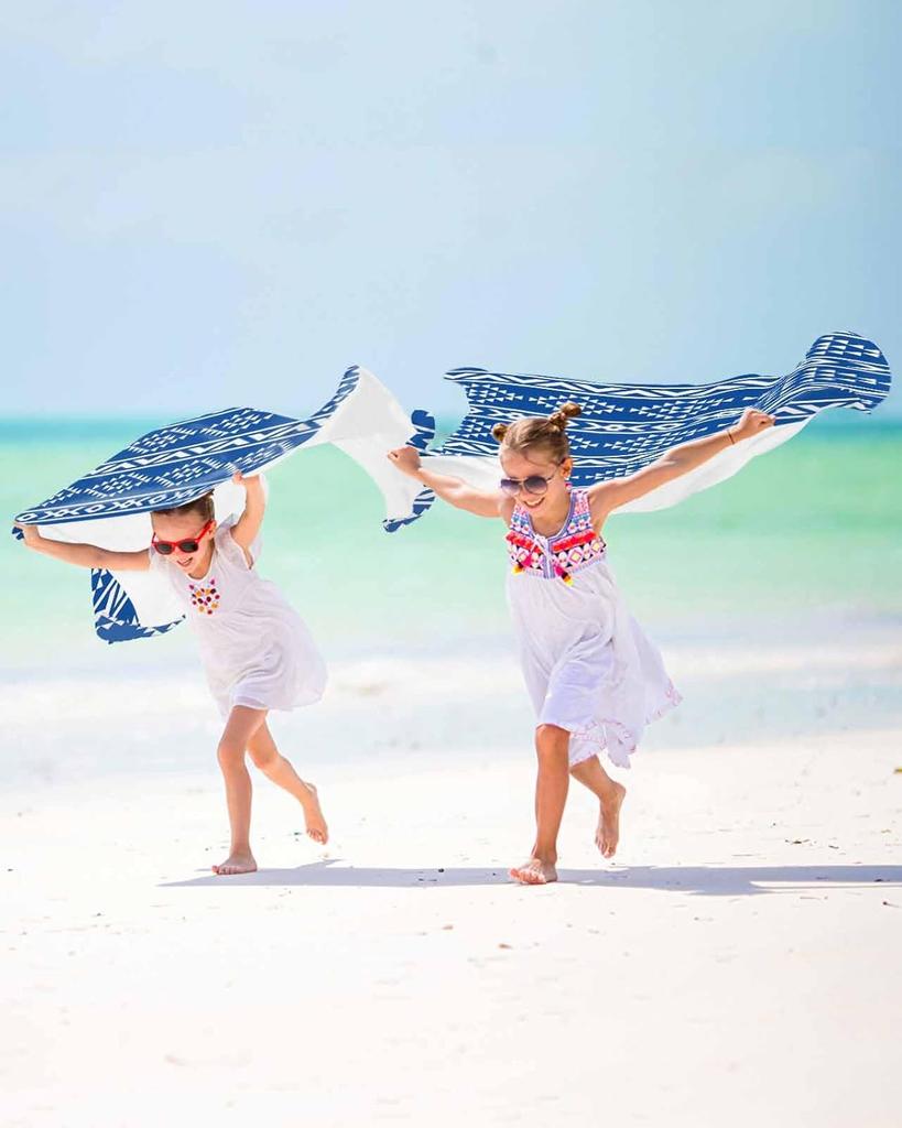 Strandtuch Blau Tribal Geometrisch Badehandtücher Poolhandtücher Abstrakt Boho Ethnisch Weich Saugfähig Strandtuch Leicht Groß Schnelltrocknend