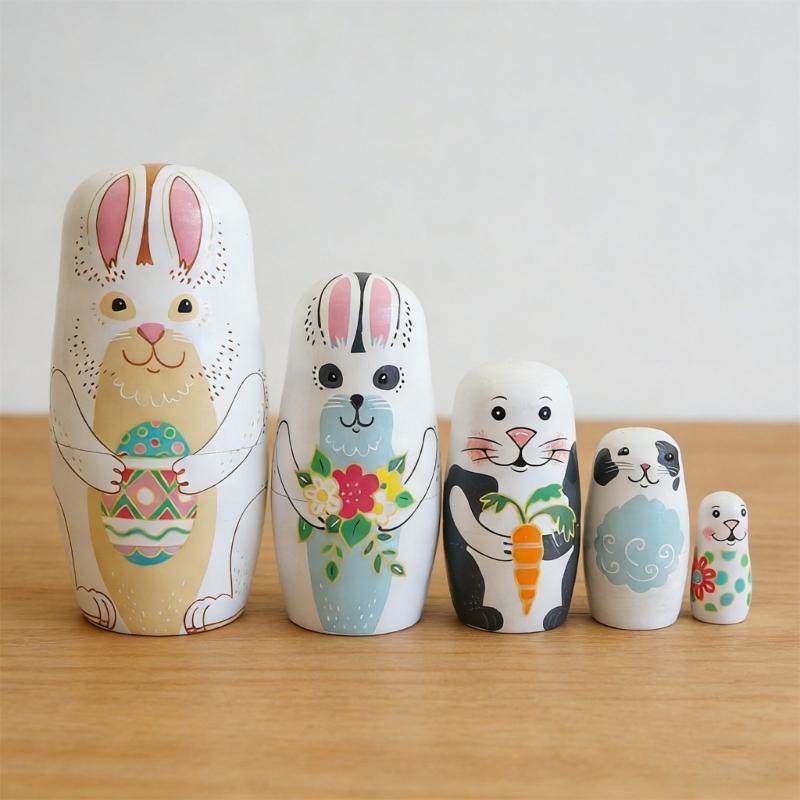 Wooden Rabbit Nesting Dolls Handcraft Russian Matryoshka Doll Stacking Toy for Easy Storage and Holiday Gift Giving