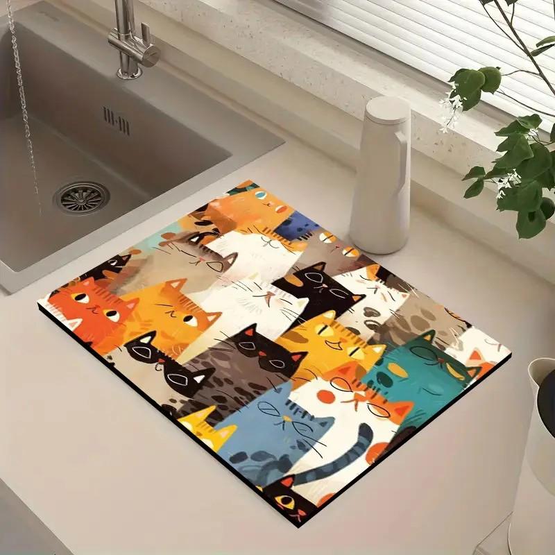 

Милый кошачий узор Коврик для сушки посуды Смесь и диатомовая грязь Быстросохнущая дренажная подкладка для кухонной столешницы, Декоративный коврик для сушки посуды 30x40cm