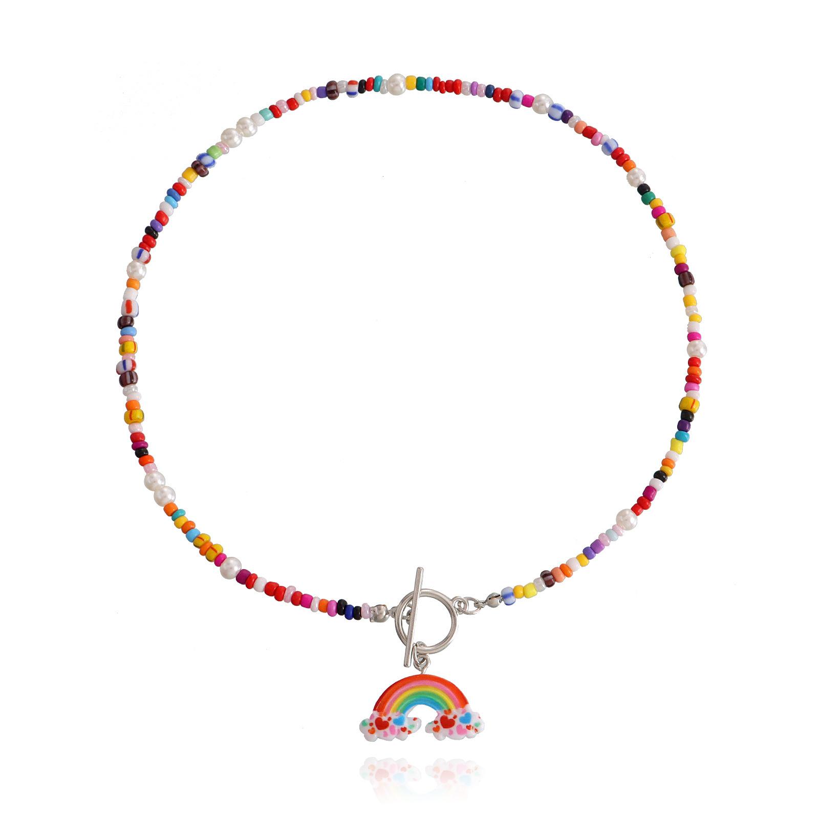 

European and American jewelry, bohemian colored rice beads, rainbow pendant necklace, women s OT buckle trendy temperament item jewelry серебряный