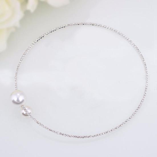 2Pcs/Set Women Elegant Faux Set Pearls Shiny Rhinestones Jewelry Adjustable Open Collar Necklace Bangle Set
