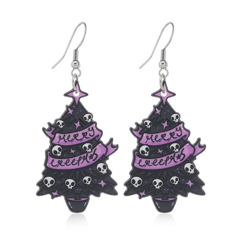 Exaggerated Skull & Black Cat Halloween Earrings - Double-Sided Acrylic, Dark Tree & Letter Design