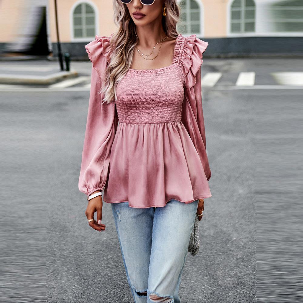 Damska jesienno-zimowa kwadratowy dekolt bufiaste rękawy jadalne drzewo grzyb jednokolorowa koszula bluzki temperament dojazdowy krawat top