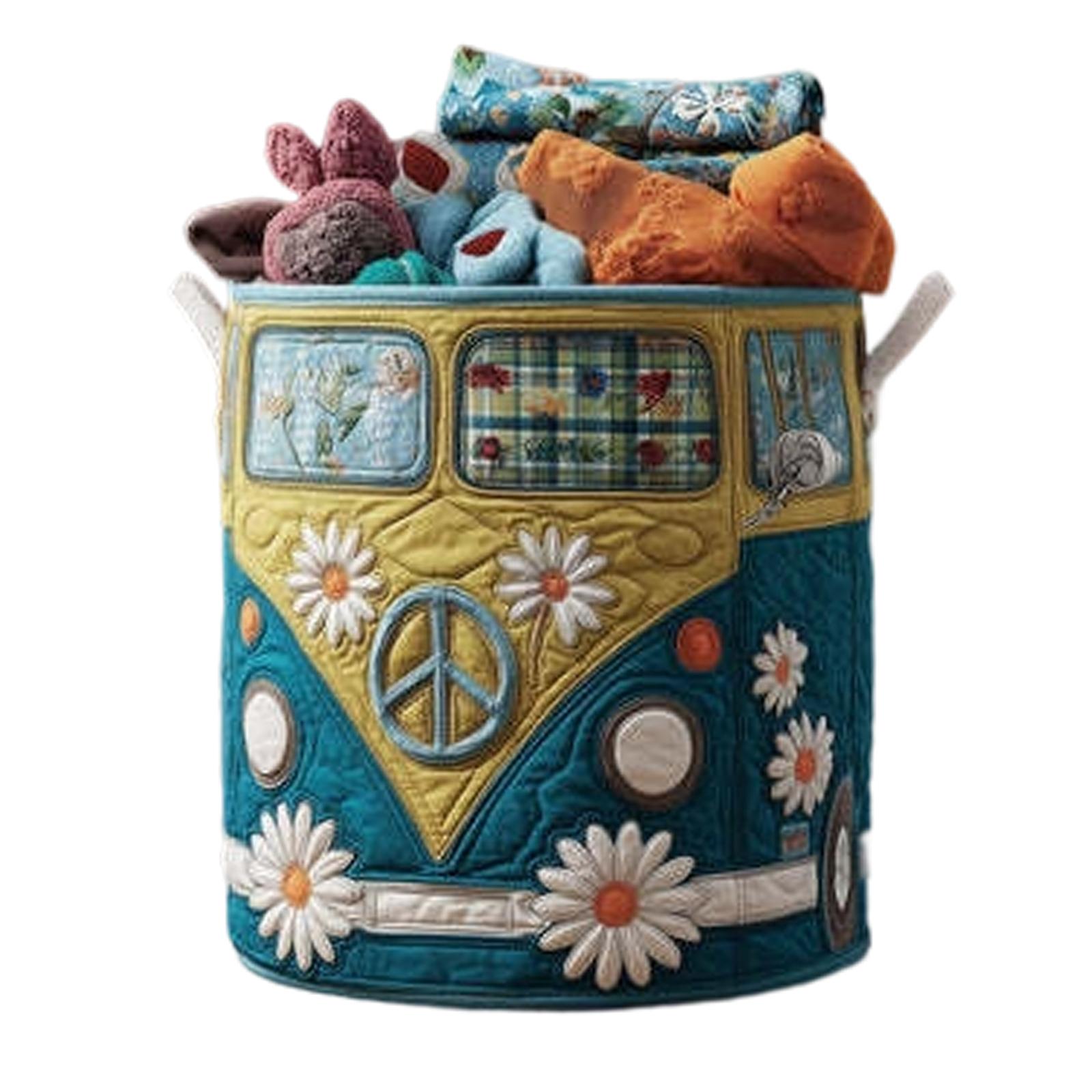 

Quilted Storage Basket with Truck and Tree Applique Large Fabric Organizer Bin with Handles for Home Use Nursery Laundry Room One Size