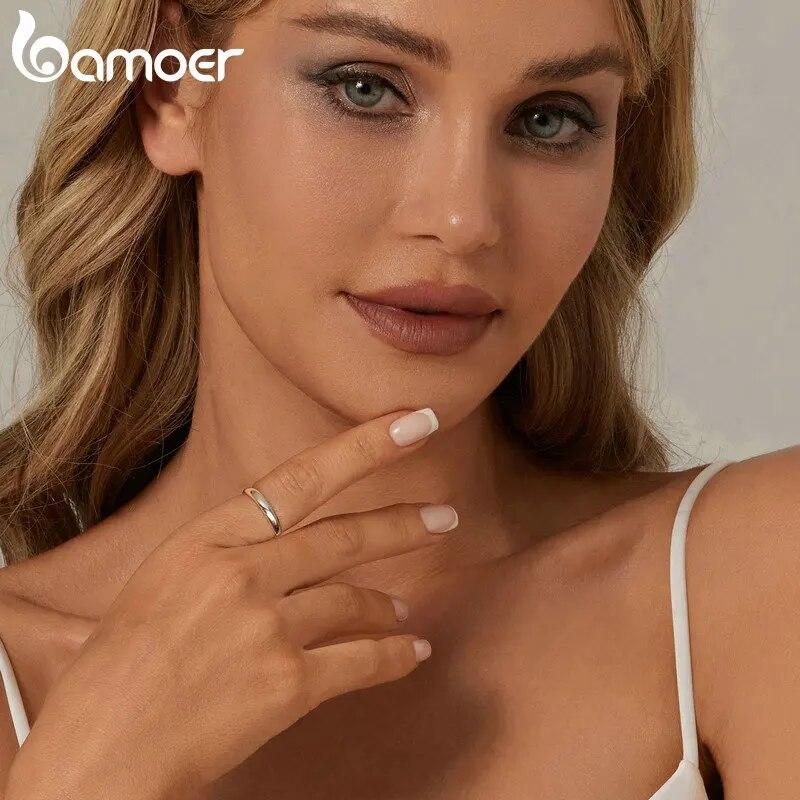 Bamoer 925 Sterling Silver Minimalist Metallic Luster Ring Stackable Simple Finger Ring for Women Hypoallergenic Jewelry Gift