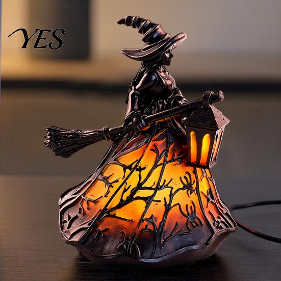 Halloween Themed Night Light Stained Glass Witch Hat Lamp, Handcrafted Retro Resin USB Powered Gothic Ambient Lighting Wizard Hats Light, Home