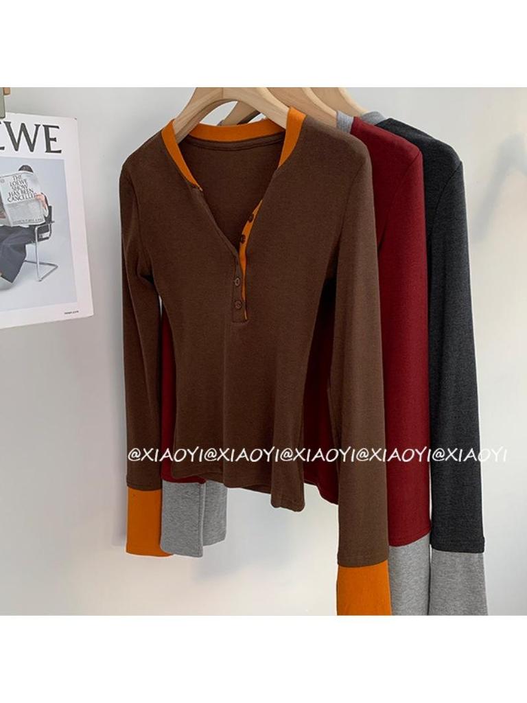 Stylish Contrast Color Faux Two-Piece Long-Sleeve Top for Women