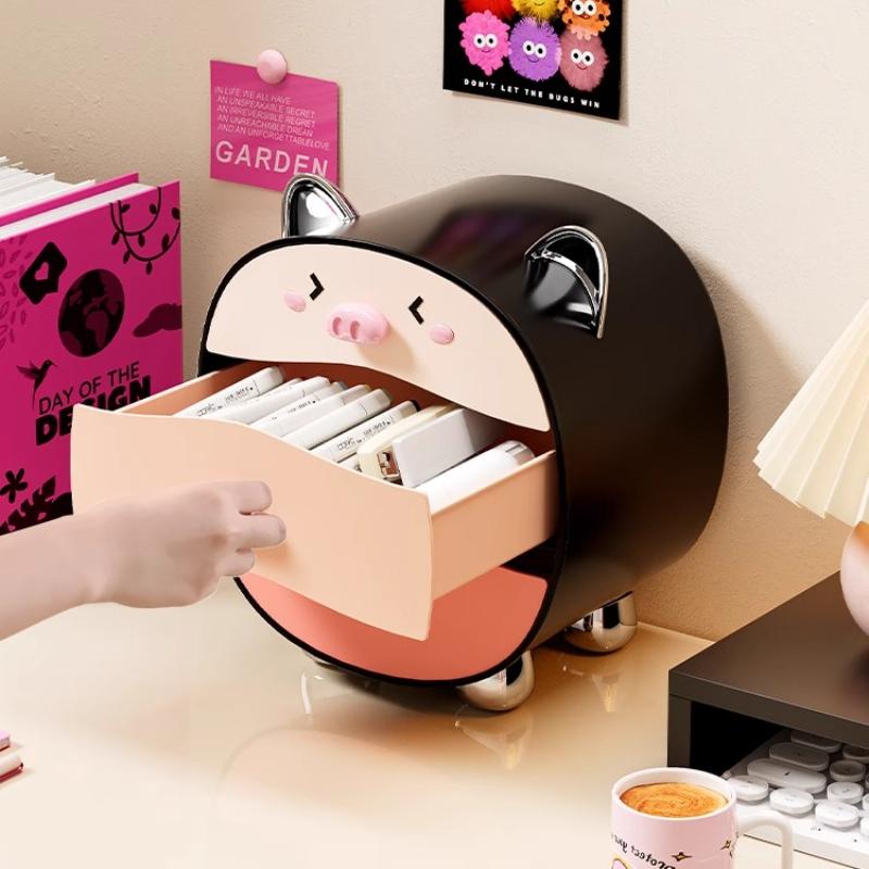 Cute Pig Desktop Storage Box Organizer Cute 2 Drawer Office Work Gadgets Hair Accessories Hairband Hairpin Desk Organizer Racks