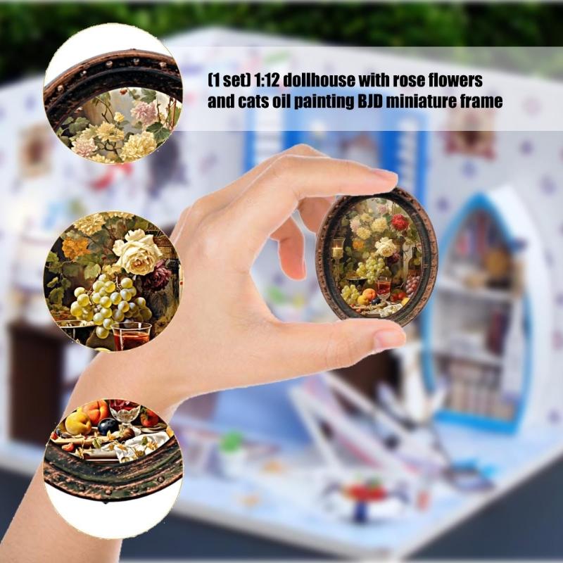 4PCS Antique Iron Wall Art Miniature Oil Painting Photo Frame With Roses And Cats Theme For 1/12 Scale Doll House Display