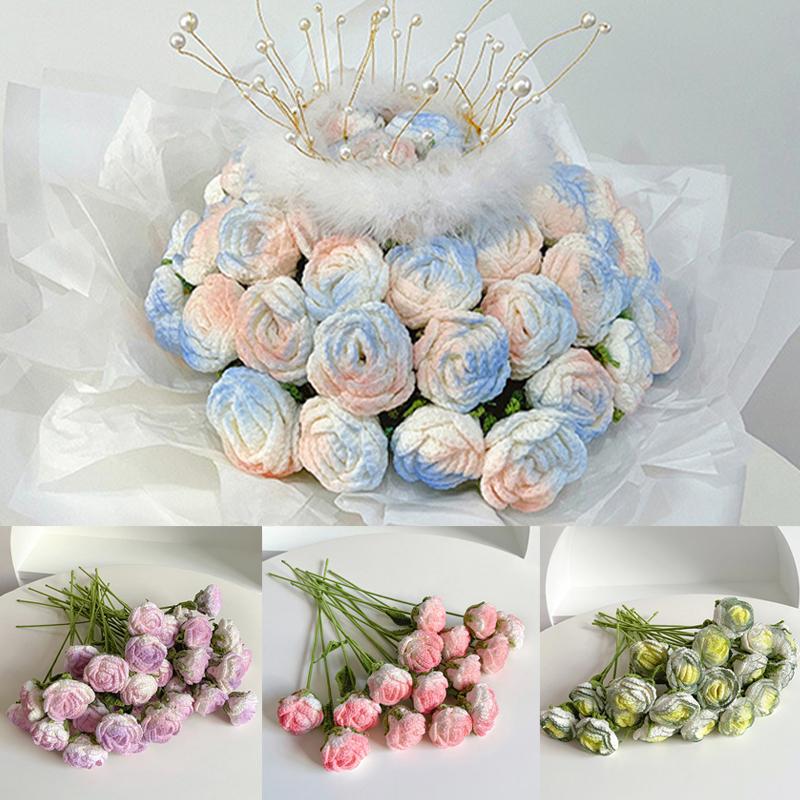 

1шт Свадебный декоративный ручной плетеный букет с цветами, искусственные цветы, вязаная градиентная роза розовый