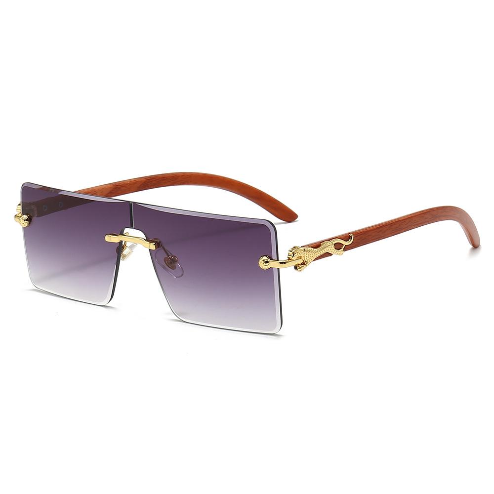 Retro Square Sunglasses Frameless Design Cheetah Wood Grain Legs Fashion Trend One-Piece Eyewear