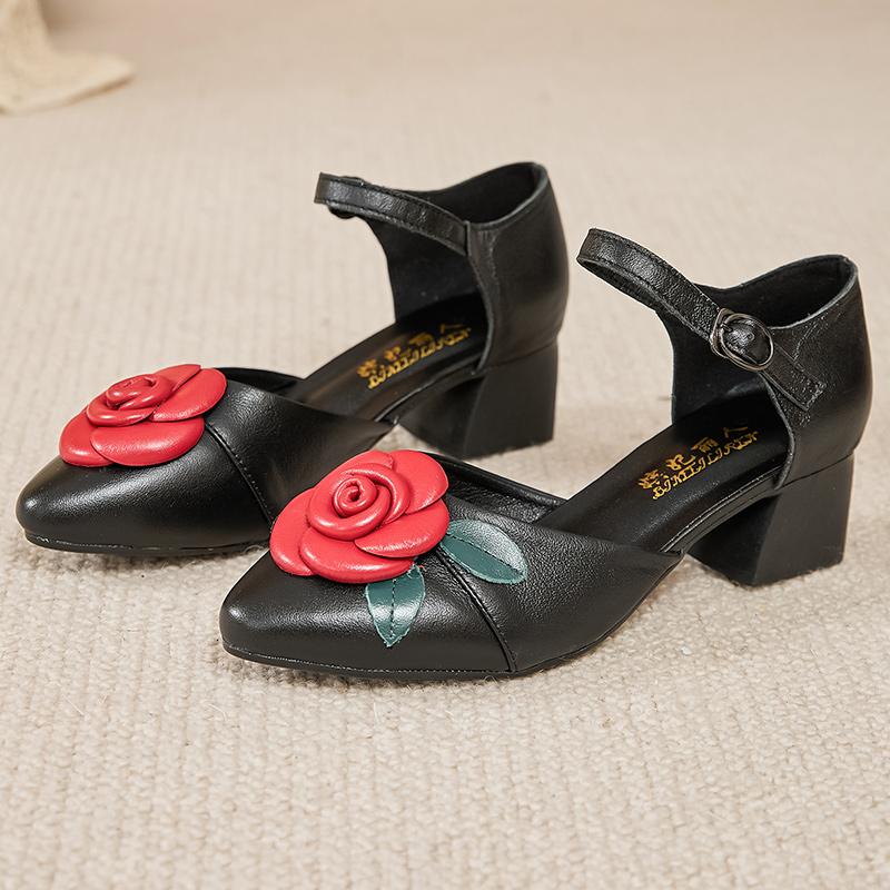 Fashion GKTINOO Women Mother Ladies Female Genuine Leather Sandals Shoes Platform Summer Cool Beach Retro Flowers High Heel Buckle Strap