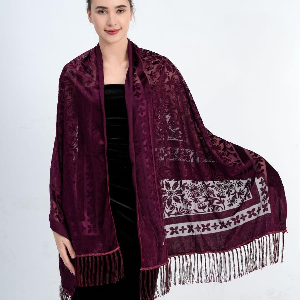 190*70cm Women's Velvet Vintage Floral Rose Shawl Wrap,Sheer Mesh Lace Scarf with Tassels, Evening Shawl for Party