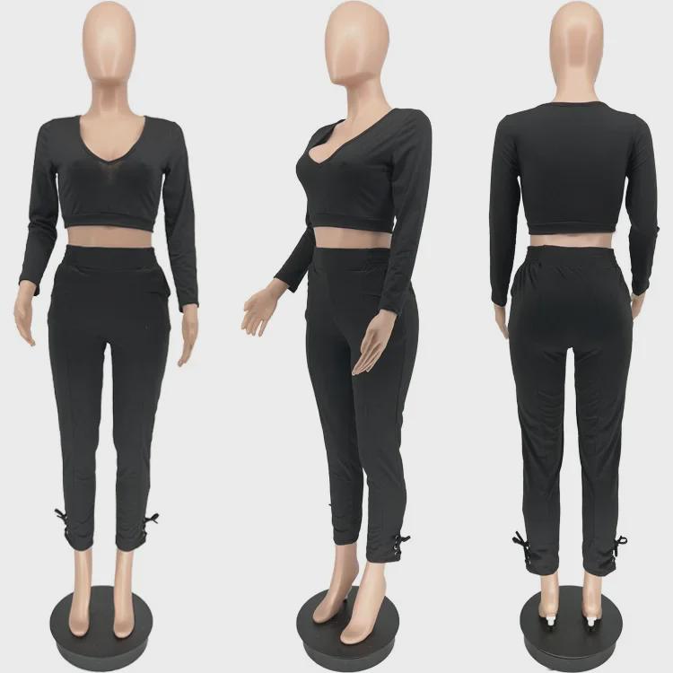European & American Plus Size V-Neck Solid Color Casual Two-Piece Legging Suit for Women