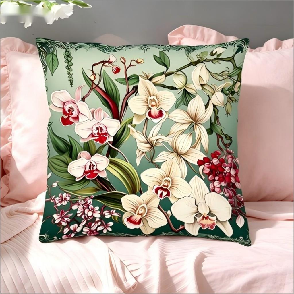 Orchid Flower Print Throw Pillow Cover, Vintage Floral Art Decorative Cushion Case For Sofa Bedroom