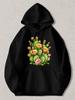 Black Pullover Hoodie with Vibrant Prickly Pear Cactus And Pink Orange Flower Print Casual Long Sleeve Sweatshirt with Kangaroo Po